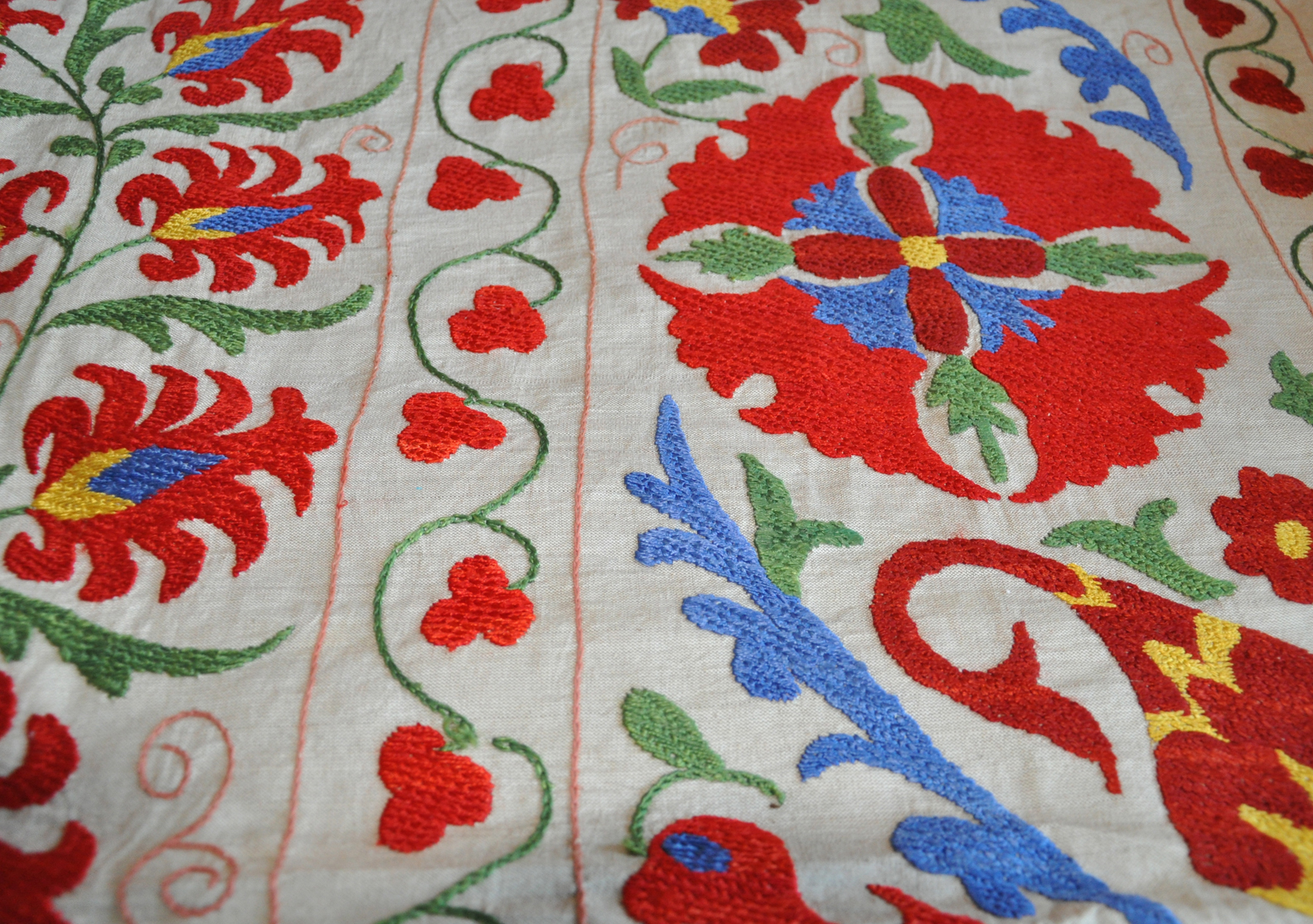 Red Blue Floral Suzani Embroidered Quilt